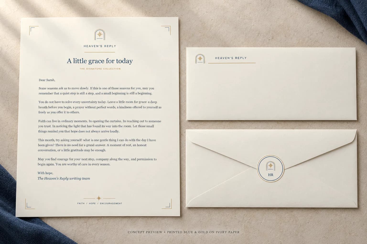 Signature stationery concept: an ivory letter with a blue heading and gold corner details, the matching envelope front, and the envelope back with a flat HR paper seal.